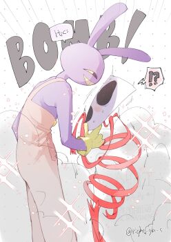 !? 1boy 1girl animal_ears colored_sclera couple flustered from_side gangle_(the_amazing_digital_circus) gloves grin highres jax_(the_amazing_digital_circus) mask open_mouth overalls pink_overalls purple_fur rabbit_boy rabbit_ears red_ribbon ribbon right_gla_s smile standing teeth the_amazing_digital_circus yellow_gloves yellow_sclera