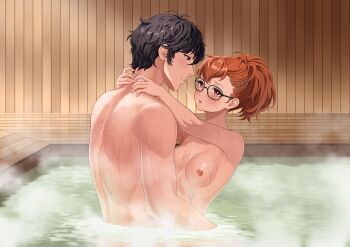 Rule 34 | 1boy, 1girl, after kiss, amamiya ren, arms around neck, black-framed eyewear, breasts, breasts apart, commentary, commission, commissioner upload, crossover, english commentary, exposed muscle, glasses, grey eyes, hetero, highres, hug, looking at another, medium breasts, muscular, muscular male, nipples, non-web source, nude, onsen, parted lips, persona, persona 3, persona 3 portable, persona 5, ponytail, profile, red eyes, saliva, saliva trail, shared bathing, shiomi kotone, steam, upper body, variant set, wading, wet, yura s arts