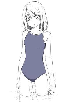 1girl :o absurdres bare_shoulders breasts collarbone competition_school_swimsuit cowboy_shot dot_nose dripping highres lineart looking_at_viewer monochrome negimiso1989 one-piece_swimsuit open_mouth original school_swimsuit short_hair sidelocks simple_background small_breasts solo spot_color swimsuit wading water white_background