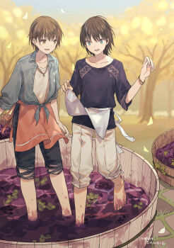 Rule 34 | 2boys, :d, apron, artist name, bad id, bad pixiv id, barefoot, black shirt, black shorts, blue eyes, blue jacket, bracelet, brown eyes, brown hair, bucket, collarbone, copyright request, dated, day, denim, denim jacket, dirty, dirty feet, food, fruit, full body, grape stomping, grapes, highres, jacket, jewelry, looking at another, male focus, multiple boys, necklace, open mouth, orange apron, outdoors, shirt, shoden, short hair, shorts, sleeves rolled up, smile, standing, stomping, three-quarter sleeves, torn clothes, torn shorts, tree, white apron, white shirt, white shorts