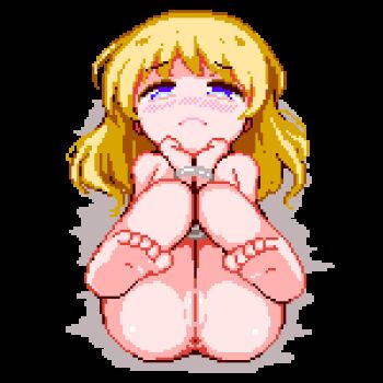 1girl aliasing animated animated_gif anus ass barefoot bdsm blonde_hair blue_eyes blush cleft_of_venus cum cum_in_pussy cumdrip disembodied_penis feet flat_chest full_body hands_together heart heart-shaped_pupils hinainf knees_together_feet_apart legs_up loli long_hair lowres lying moaning nude on_back open_mouth original penis pixel_art pussy restrained sex simple_background soles solo_focus symbol-shaped_pupils text_focus toes uncensored white_background