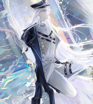 1boy arched_window belt black_boots black_coat black_hat boots cael_anselm cael_anselm_(spirit_world) chest_harness closed_mouth coat commentary_request feet_out_of_frame flower gloves hair_between_eyes harness hat highres jacket lapels liquid long_hair long_sleeves looking_ahead lovebrush_chronicles male_focus notched_lapels o-ring o-ring_harness open_clothes open_coat pants parted_lips peaked_cap profile purple_eyes seiza sitting sitting_in_window solo thigh_belt thigh_strap very_long_hair white_flower white_gloves white_hair white_jacket white_pants window wo_shi_baitao_zong