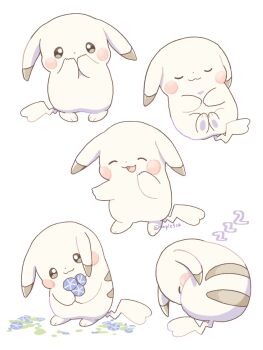 alternate_color alternate_form closed_eyes closed_mouth covering_own_mouth curled_up droopy_ears flower gen_1_pokemon highres holding kana_(maple926) nintendo no_humans open_mouth peakychu pikachu pokemon pokemon_(creature) pokemon_focus pokemon_pokopia simple_background smile tail white_background zzz