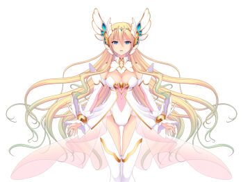 1girl blonde_hair blue_eyes breasts cleavage detached_collar detached_sleeves dress en_ciel_rena en_ciel_rena_(laelith) game_cg gradient_hair green_hair hair_ornament kourin_tenshi_en_ciel_rena large_breasts large_variant_set leotard long_hair looking_at_viewer magical_girl multicolored_hair non-web_source official_art saitou_natsuki see-through_clothes solo standing suhamaya thighhighs tomoe_rena transparent_background variant_set very_long_hair white_thighhighs