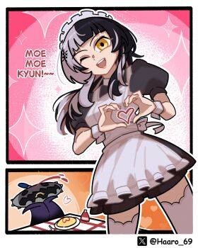 1girl ;d absurdres alternate_costume apron aroused_nosebleed black_dress black_hair blood dress enmaided food grey_hair haaro heart heart_hands highres hololive hololive_english ketchup ketchup_bottle looking_at_viewer maid maid_headdress moe_moe_kyun! multicolored_hair nosebleed novelites_(shiori_novella) omelet omurice one_eye_closed open_mouth shiori_novella smile split-color_hair table thighhighs two-tone_hair virtual_youtuber white_apron white_thighhighs yellow_eyes