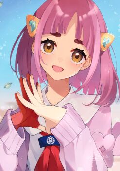 1girl arched_bangs blush cardigan coat collared_shirt cottonee eyelashes gen_5_pokemon gloves hachimitsu_monte hair_ornament hairclip lacey_(pokemon) long_sleeves looking_at_viewer nintendo open_clothes open_mouth outdoors pink_hair pokemon pokemon_(creature) pokemon_sv red_gloves shirt single_glove smile solo white_shirt yellow_eyes