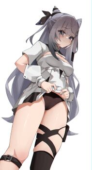 Rule 34 | 1girl, asymmetrical legwear, belt, belt buckle, black belt, black panties, blush, breasts, buckle, cleavage, closed mouth, clothes lift, clothing cutout, cone hair bun, double bun, dress, dress lift, feet out of frame, from below, grey eyes, grey hair, hair bun, highres, hololive, hololive indonesia, leg belt, lifting own clothes, long hair, looking at viewer, looking down, medium breasts, one side up, panties, short dress, short sleeves, shrug (clothing), simple background, skaarl (artist), solo, standing, strapless, strapless dress, underwear, vestia zeta, virtual youtuber, white background, white dress, white shrug