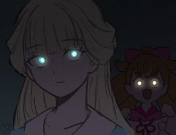 Rule 34 | 2girls, :3, :d, blonde hair, blue eyes, bow, brown hair, closed mouth, commentary, dark, drawstring, frown, glowing, glowing eyes, hair bow, half updo, inukai komugi, long hair, multiple girls, nekoyashiki yuki, open mouth, paw pose, pink bow, precure, red eyes, smile, wonderful precure!, zerolay