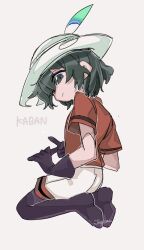 Rule 34 | 1girl, black gloves, character name, closed mouth, from side, full body, gloves, green eyes, green hair, grey background, hat, hat feather, helmet, highres, jmeysan, kaban (kemono friends), kemono friends, looking at viewer, pith helmet, red shirt, seiza, shirt, short hair, short sleeves, shorts, sitting, smile, solo, v, white hat, white shorts