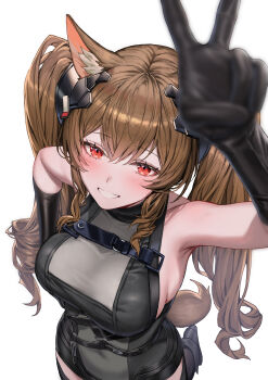 1girl absurdres alternate_breast_size_(larger) angelina_(arknights) animal_ear_fluff animal_ears arknights arknights:_endfield bare_shoulders belt black_gloves blush breasts brown_hair commentary dot_nose dress elbow_gloves english_commentary foreshortening fox_ears fox_girl fox_tail from_above gilberta_(arknights) gloves grey_dress grin hand_up headpiece high_belt highres impossible_clothes impossible_dress large_breasts long_hair looking_at_viewer molyb red_eyes sideboob simple_background sleeveless sleeveless_dress smile solo tail turtleneck twintails upper_body v white_background