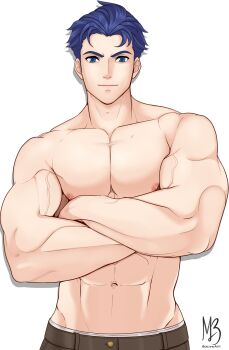 Rule 34 | 1boy, arachmo, bara, biceps, blue eyes, blue hair, commentary, crossed arms, english commentary, fire emblem, fire emblem: the blazing blade, hector (fire emblem), highres, looking at viewer, male focus, muscular, nintendo, short hair, topless male