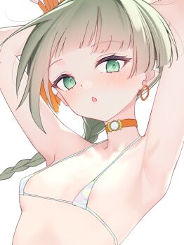 Rule 34 | 1girl, areola slip, armpits, arms up, blush, bra, braid, breasts, brown hair, character request, choker, commentary, copyright request, green eyes, highres, iridescent clothes, long hair, looking at viewer, micro bra, open mouth, orange choker, penguin (dx19291005), single braid, small breasts, solo, underwear, underwear only, untranslatable commentary, upper body, white bra