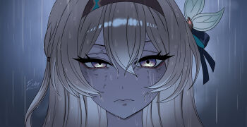 1girl absurdres black_hairband chainsaw_man close-up closed_mouth commentary dirty dirty_face eidis_scarlet english_commentary eyeliner firefly_(honkai:_star_rail) frown hair_between_eyes hairband highres honkai:_star_rail honkai_(series) long_hair looking_at_viewer makeup portrait rain red_eyeliner scene_reference signature solo wet wet_hair