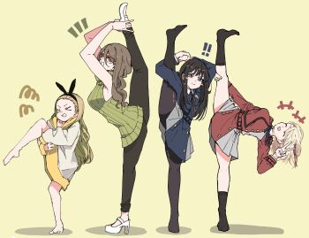 ! !! >_< +++ 4girls :d ^_^ absurdres arms_up bare_arms barefoot black_dress black_hair black_pants black_pantyhose black_ribbon black_socks blonde_hair blue_jacket breasts brown_eyes brown_hair clenched_teeth closed_eyes dress failure glasses green_eyes green_sweater hair_ribbon hand_on_own_leg high_heels highres hood hoodie inoue_takina jacket kurumi_(lycoris_recoil) large_breasts long_hair long_hoodie long_sidelocks lycoris_recoil lycoris_uniform multiple_girls nakahara_mizuki neck_ribbon nishikigi_chisato no_shoes one_side_up open_mouth pants pantyhose panyatteria pleated_dress red-framed_eyewear red_dress red_jacket red_ribbon ribbon semi-rimless_eyewear shadow shoes short_dress sidelocks simple_background sleeveless sleeveless_sweater smile socks split standing standing_on_one_leg standing_split sweater teeth v white_hoodie white_shoes yellow_background