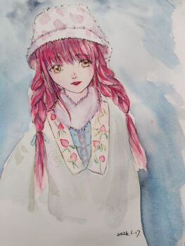 Rule 34 | 1girl, aqua coat, blue background, blue shirt, braid, brown eyes, chinese commentary, coat, collared coat, commentary request, dated, food print, fruit print, fur hat, fur scarf, happy, hat, highres, infinity nikki, lipstick, long hair, low twin braids, makeup, muyoufan, nikki (nikki), nikki (series), nostrils, painting (medium), parted lips, pink hair, print coat, red lips, scarf, shirt, sidelocks, smile, solo, strawberry print, teeth, traditional media, twin braids, upper body, upper teeth only, watercolor (medium), white hat, white scarf