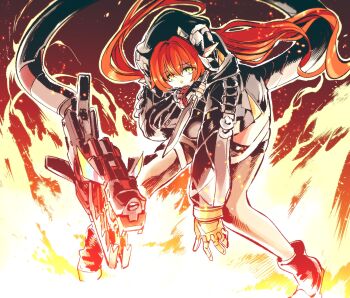 1girl ammunition asymmetrical_gloves black_hat black_horns brown_thighhighs commentary_request covered_mouth curled_horns dragon_girl dragon_horns dress fingerless_gloves fire gloves gun hair_between_eyes hat highres holding holding_knife horns kato_takuji knife leaning_forward long_hair magus_(zenless_zone_zero) mechanical_horns mechanical_tail mismatched_gloves orange_hair orange_pupils orphie_magnusson pointy_ears red_background single_fingerless_glove tail thighhighs twintails weapon yellow_gloves zenless_zone_zero zipper_dress