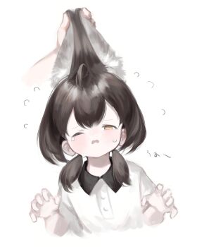 1girl 1other absurdres ahoge animal_ear_fluff animal_ears brown_hair child collared_shirt commentary_request crying disembodied_hand dress_shirt extra_ears flying_sweatdrops furrowed_brow grabbing_another&#039;s_ear hand_on_another&#039;s_ear highres ic_(iccccccccc81) komugi_mei_(ic) large_ears long_hair low_twintails one_eye_closed open_mouth original rabbit_ears shirt short_sleeves solo_focus twintails white_background white_shirt yellow_eyes