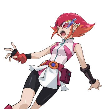 1girl bare_arms bare_shoulders belt breasts closed_eyes curvt d-gazer defeat duel_disk falling fingerless_gloves gloves highres konami kouzuki_anna moaning multicolored_hair non-web_source official_art open_mouth orange_hair pink-tinted_eyewear red_hair ryona shiny_skin short_hair shorts solo tinted_eyewear transparent_background two-tone_hair wide_hips yu-gi-oh! yu-gi-oh!_duel_links yu-gi-oh!_zexal yuu-gi-ou yuu-gi-ou_zexal