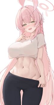 1girl :d absurdres ahoge alternate_costume arm_at_side black_pants blue_archive blush bow braid breasts clothes_pull cowboy_shot crop_top cropped_shirt eyelashes green_eyes hair_bow halo hanako_(blue_archive) hand_up heart heart-shaped_pupils highres huge_ahoge index_finger_raised large_breasts long_hair looking_at_viewer navel no_panties nose_blush open_mouth pants pants_pull pink_hair pink_halo pulling_own_clothes shirt short_sleeves simple_background single_braid smile solo springrain_06 stomach sweat sweatdrop symbol-shaped_pupils very_long_hair white_background white_bow white_shirt