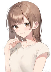 Rule 34 | 1girl, blush, breasts, brown eyes, brown hair, closed mouth, collarbone, commentary request, hand up, highres, long hair, looking at viewer, midorikawa you, original, shirt, short sleeves, simple background, small breasts, smile, solo, twitter username, upper body, white background, white shirt