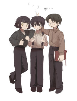 Rule 34 | 1girl, 2boys, :d, aged down, arm up, black hair, black pants, black shoes, blush stickers, book, brown shirt, closed mouth, collared shirt, curtained hair, dongbaek (project moon), dongrang (project moon), double-parted bangs, double v, elbow on another's shoulder, green jacket, highres, holding, holding book, jacket, korean text, lapels, limbus company, long sleeves, mole, mole on neck, multiple boys, notched lapels, open mouth, pants, project moon, riri5650b, round eyewear, shirt, shirt tucked in, shoes, short hair, simple background, smile, standing, suspenders, translation request, v, white background, white shirt, yellow eyes, yi sang (project moon)