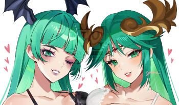 Rule 34 | 2girls, bat wings, black bra, bra, breasts, circlet, collarbone, color connection, commentary, commission, darkstalkers, forehead jewel, green eyes, green hair, grin, hair color connection, head wings, heart, kid icarus, kid icarus uprising, large breasts, laurel crown, long hair, morrigan aensland, multiple girls, nintendo, one eye closed, palutena, smile, underwear, upper body, white bra, wings, yasaikakiage