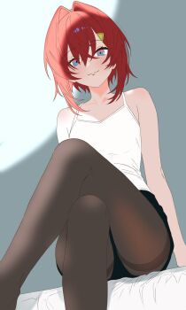 1girl alternate_costume ange_katrina arm_support bare_arms black_shorts blue_eyes blush brown_pantyhose camisole closed_mouth crossed_bangs crossed_legs dutch_angle feet_out_of_frame flat_chest gradient_eyes grey_background hair_between_eyes hair_intakes hashtag-only_commentary highres jurujuru_15 long_bangs looking_at_viewer medium_hair multicolored_eyes nijisanji pantyhose purple_eyes red_hair short_shorts shorts single_bare_shoulder sitting smile solo split_mouth thighband_pantyhose virtual_youtuber white_camisole