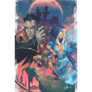 alucard_(castlevania) blonde_hair boots breasts brown_hair castle castlevania_(series) castlevania_iii:_dracula's_curse chuck_pires circlet claws cleavage colored_skin dhampir fingernails fur_trim grey_skin half-human highres hood long_fingernails long_hair looking_to_the_side magic moon pointy_ears ralph_c_belmont serious sharp_fingernails shorts stairs sypha_belnades undead vampire whip