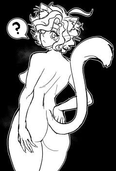 1girl ? ahoge animal_ear_fluff animal_ears ass back breasts cat_ears cat_girl cat_tail completely_nude from_behind greyscale highres looking_at_viewer looking_back medium_breasts miruna_swiftfable_(saverpengu) monochrome nude original saverpengu short_hair simple_background solo speech_bubble tail