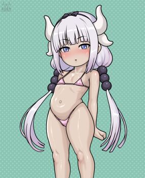 1girl aaaninja arms_at_sides artist_logo bikini blue_eyes blush collarbone dated dragon_girl dragon_horns dragon_tail embarrassed expressionless eyebrows_hidden_by_hair eyelashes feet_out_of_frame female_focus flat_chest gradient_hair green_background grey_hair horns kanna_kamui kobayashi-san_chi_no_maidragon logo loli long_hair looking_at_viewer micro_bikini multicolored_hair no_nose open_mouth pink_bikini pink_hair simple_background solo standing swimsuit tail twintails two-tone_hair