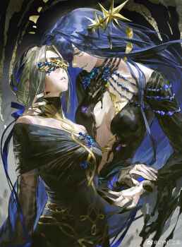 2girls absurdres arcana_(paradise_regained)_(reverse:1999) arcana_(reverse:1999) bare_shoulders black_background black_dress blindfold blue_hair breasts breasts_apart covered_eyes dress erming225 evil_grin evil_smile face-to-face grey_hair grin hand_on_another's_neck highres long_hair looking_at_another medium_breasts missing_commentary multiple_girls no_bra off-shoulder_dress off_shoulder official_alternate_costume parted_lips plunging_neckline reverse:1999 smile upper_body urd_(reverse:1999) very_long_hair wand_in_head watermark weibo_watermark yellow_eyes