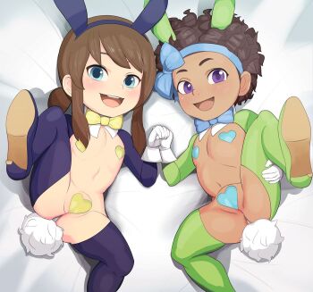 2girls 4066 :d a_hat_in_time anal anal_beads anal_object_insertion anal_tail animal_ears bed_sheet blue_bow blue_eyes blue_legwear blush boots bow bow_kid bowtie brown_hair butt_plug collar dark-skinned_female dark_skin eyebrows eyebrows_hidden_by_hair fake_animal_ears fake_tail female_focus flat_chest from_above gloves green_legwear hair_bow hat_kid heart_pasties high_heels holding_hands leg_up loli looking_at_viewer lying maebari multiple_girls navel object_insertion on_back open_mouth pasties ponytail purple_eyes rabbit_ears rabbit_tail reverse_bunnysuit reverse_outfit sex_toy short_hair side-by-side sidelocks smile spread_legs tail teeth thigh_boots thighhighs tongue upper_teeth_only white_gloves yellow_bow