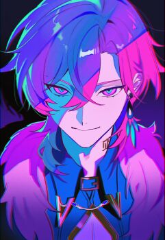 1boy aventurine_(honkai:_star_rail) blonde_hair chromatic_aberration cleavage_cutout clothing_cutout fur-trimmed_jacket fur_trim gradient_background green_shirt hair_between_eyes hazozoyaku highres honkai:_star_rail honkai_(series) jacket jewelry looking_at_viewer male_focus multicolored_eyes neon_palette purple_eyes shirt solo upper_body