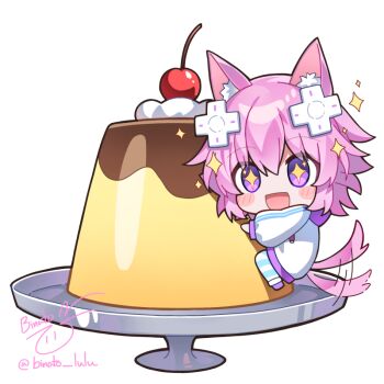 +_+ 1girl animal_ears binato_lulu cherry commentary d-pad d-pad_hair_ornament dog_ears dog_girl dog_tail drawstring english_commentary food fruit hair_ornament hood hoodie neptune_(neptunia) neptune_(series) open_mouth pudding purple_eyes purple_hair sidelocks solo striped_clothes striped_thighhighs tail thighhighs whipped_cream white_background