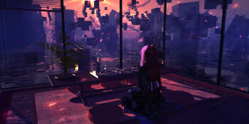 1girl 3d absurdres artist_name black_kimono building commentary_request evening flood from_behind full_body highres indoors japanese_clothes kimono lifeline_(a384079959) long_hair marble_(stone) on_floor original plant potted_plant purple_hair scenery seiza sitting solo straight_hair sun surreal table water watermark window window_blinds