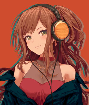 1girl bang_dream! bang_dream!_girls_band_party! bare_shoulders blue_jacket blush breasts brown_hair cleavage closed_mouth commentary green_eyes half_updo headphones highres imai_lisa jacket long_sidelocks looking_at_viewer medium_breasts off_shoulder orange_background ponytail red_shirt see-through_cleavage see-through_clothes shirt sidelocks sleeveless sleeveless_shirt smile smirk solo upper_body yukitake_(bullfalk)