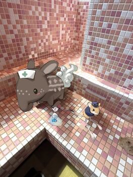 3others air_bubble animal animalization bag blush_stickers bubble dooby dooby_(jerboa) fish goggles goggles_on_headwear hat highres indie_virtual_youtuber indoors jerboa looking_at_viewer multiple_others nimi_nightmare nimi_nightmare_(tapir) no_humans nurse_cap photo-referenced photo_background plastic_bag sameko_saba sameko_saba_(fish) tapir tile_floor tile_wall tiles whiskers yubbiidraw