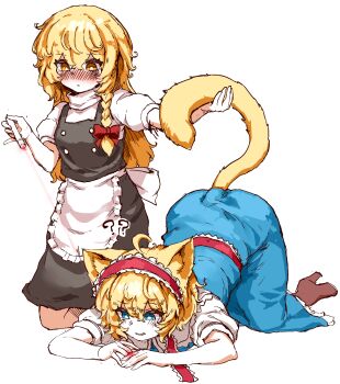2girls ahoge alice_margatroid animal_ears apron black_dress blonde_hair blue_dress blue_eyes blush boots bow braid brown_footwear capelet cat_ears cat_tail dress frilled_capelet frilled_dress frilled_hairband frills hair_bow hairband highres kirisame_marisa laser laser_pointer long_hair multiple_girls puffy_short_sleeves puffy_sleeves rampa93 red_bow red_ribbon ribbon short_hair short_sleeves simple_background single_braid tail top-down_bottom-up touhou waist_apron white_background yellow_eyes