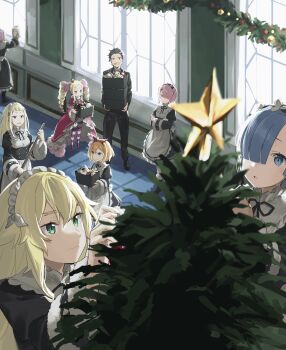 1boy 6+girls 8_humi alternate_costume apron beatrice_(re:zero) black_hair blonde_hair blue_eyes blue_hair box broom capelet christmas christmas_ornaments christmas_present christmas_tree crown dress drill_hair frederica_baumann gift green_eyes hair_over_one_eye hair_ribbon highres holding holding_box indoors long_hair long_sleeves maid maid_headdress mini_crown multiple_girls natsuki_subaru pantyhose petra_leyte pink_hair ram_(re:zero) re:zero_kara_hajimeru_isekai_seikatsu red_capelet red_ribbon rem_(re:zero) ribbon roswaal_mansion_maid_uniform short_hair siblings smile striped_clothes striped_pantyhose sylphy_(re:zero) twin_drills twins window wreath