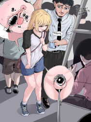 2boys absurdres bag black_hair black_necktie blonde_hair blue_shorts butt_plug chastity_cage chastity_cage_emission cross-section heeueung highres long_hair looking_at_another looking_down multiple_boys necktie nub_chastity_cage open_mouth original precum sex_toy shirt shoes shorts shoulder_bag small_chastity_cage sneakers socks standing t-shirt testicles train translation_request trap white_shirt white_socks x-ray yellow_eyes