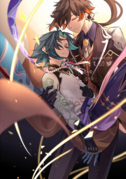 2boys ahoge aqua_hair arm_tattoo artist_name asymmetrical_gloves bead_necklace beads black_gloves black_pants blue_gloves brown_coat brown_hair brown_shirt brown_vest cape carrying closed_eyes closed_mouth coat collared_shirt commentary cowboy_shot detached_sleeves earrings english_commentary eyeliner facial_mark floating_hair forehead_mark gem genshin_impact gloves green_hair instagram_logo jewelry lapels light_particles long_hair low_ponytail makeup male_focus mismatched_gloves multicolored_hair multiple_boys necklace necktie orange_gem pants parted_bangs parted_lips ponytail princess_carry purple_cape purple_pants red_eyeliner shirt short_hair sidelocks single_detached_sleeve single_earring sleeveless sleeveless_shirt soulc1ty standing streaked_hair tassel tassel_earrings tattoo thigh_strap twitter_logo vest white_necktie white_shirt wing_collar xiao_(genshin_impact) zhongli_(genshin_impact)