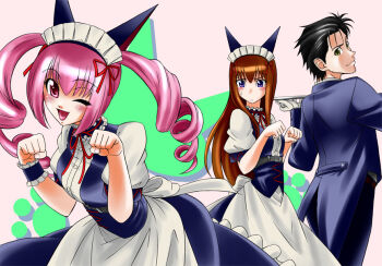 1boy akiha_rumiho animal_ear_hairband animal_ears belt belt_around_waist belt_buckle black_hair blue_coat brown_hair buckle butler cat_ears coat commentary_request dress_shirt drill_hair eibon enbutlered fake_animal_ears frills gloves hairband long_hair maid maid_headdress makise_kurisu mayqueen_maid_uniform multiple_girls nervous_sweating okabe_rintarou one_eye_closed paw_pose pink_eyes pink_hair puffy_short_sleeves puffy_sleeves purple_hair red_belt science_adventure shirt shirt_peek short_sleeves smile steins;gate sweat tsurime twin_drills twintails white_gloves