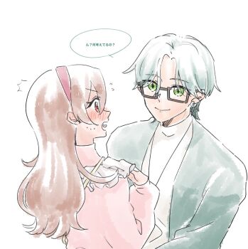 1boy 1girl blush brown_hair cardigan couple earrings frilled_shirt frills glasses green_cardigan green_eyes green_hair green_jacket headband heart heart-shaped_pupils hibiki_kaito highres hoop hoop_earrings jacket jewelry kimi_to_idol_precure long_hair looking_at_another looking_to_the_side mature_eyes mature_male multiple_earrings parted_bangs pink_shirt precure profile sakura_uta_(precure) shirt sideways smile speech_bubble sweat sweatdrop sweater symbol-shaped_pupils syuri_(syurinpuuuuu) upper_body white_background