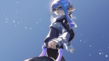 Rule 34 | 1girl, absurdres, black jacket, blue eyes, blue hair, closed mouth, ear piercing, full body, hashtag-only commentary, highres, holding, holding weapon, inkling, inkling girl, inkling player character, jacket, long hair, multicolored jacket, nintendo, piercing, pointy ears, shiratoripica, sleeves past wrists, slosher (splatoon), smile, solo, splatoon (series), splatoon 3, standing, tentacle hair, two-tone jacket, weapon, white jacket