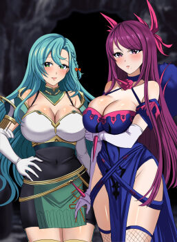 aqua_hair arm_under_breasts armor bare_shoulders blush bow braid breasts chloe_(fire_emblem) cleavage covered_navel dress elbow_gloves fire_emblem fire_emblem_engage flower gloves green_eyes highres ivy_(fire_emblem) jewelry large_breasts long_hair looking_at_viewer mole mole_under_mouth multiple_girls nintendo no_panties purple_eyes purple_hair rose shoulder_armor side_braid skindentation smile tara_(szzj7733) thighhighs very_long_hair white_gloves