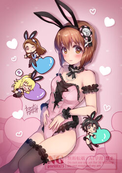 4girls ahoge animal_ears arm_at_side arm_garter bare_shoulders black_hair black_thighhighs black_wrist_cuffs blonde_hair blowing_kiss blue_leotard blush breasts bright_pupils brown_eyes brown_hair chibi choker cleavage closed_eyes commentary_request copyright_notice dot_nose english_text fake_animal_ears forehead frilled_choker frilled_garter frilled_leotard frills full_body green_leotard grey_eyes hagiwara_yukiho hair_between_eyes heart holding hoshii_miki idolmaster idolmaster_(classic) initial jewelry kikuchi_makoto knees_together_feet_apart lace lace-trimmed_thighhighs lace_trim leotard long_hair looking_at_viewer lying medium_breasts medium_hair minase_iori multiple_girls necklace nekota_nanami no_sclera on_side one_eye_closed open_mouth outstretched_arm pearl_necklace pink_background pink_leotard polka_dot polka_dot_wrist_cuffs purple_leotard rabbit_ears red_eyes short_hair sitting sleeping speech_bubble straight_hair thighhighs watermark white_pupils wrist_cuffs zzz