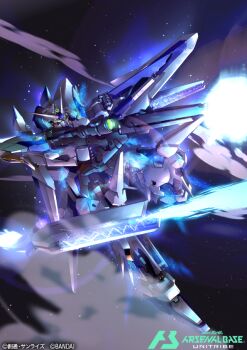 beam_rifle commentary_request copyright_logo copyright_name copyright_notice delta_gundam_kai energy_gun firing funnels_(gundam) green_eyes gun gundam gundam_arsenal_base gundam_unicorn holding holding_gun holding_weapon logo mecha mobile_suit no_humans official_art robot sakusakusakurai science_fiction solo space v-fin weapon