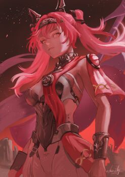 Rule 34 | 1girl, absurdres, armor, black bow, bodysuit, bow, breastplate, breasts, chucky (chucky1000sun), collar, commentary, cowboy shot, hair bow, hair ornament, hairband, headgear, highres, long hair, looking at viewer, lupa (wuthering waves), medium breasts, metal collar, metal hairband, parted lips, pink hair, red sash, sash, signature, solo, tacet mark (wuthering waves), twintails, white bodysuit, wuthering waves