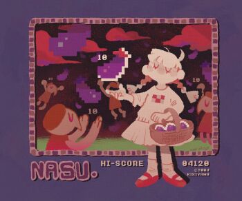 1girl alt_text artist_name basket closed_eyes cloud colored_skin commentary dress eggplant english_commentary gameplay_mechanics holding holding_basket long_hair madotsuki michiru_(viridilly) nasu_(yume_nikki) no_mouth pixelated red_shoes score shoes skirt socks sweater twintails white_hair white_skin yume_nikki