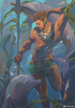 1boy abs arm_behind_head bara beard black_panther:_wakanda_forever black_panther_(series) brown_hair closed_eyes dark-skinned_male dark_skin dolphin facial_hair foot_out_of_frame gold_necklace green_shorts groin highres holding holding_polearm holding_weapon jewelry jinhallz lance large_pectorals loincloth male_focus marvel muscular muscular_male mustache namor necklace nipples pectorals pointy_ears polearm short_hair shorts solo stomach thick_thighs thighs topless_male tribal underwater weapon